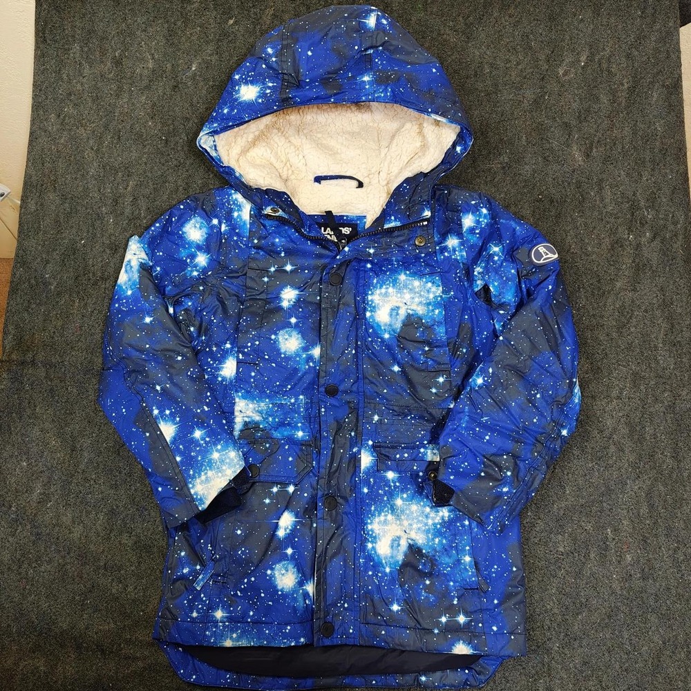 Lands End kids Blue Galaxy Print Puffer Jacket Sherpa Lined Hooded Coat M